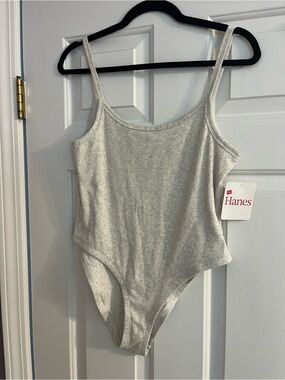 Hanes Light Gray Ribbed Tank Bodysuit with Red Logo